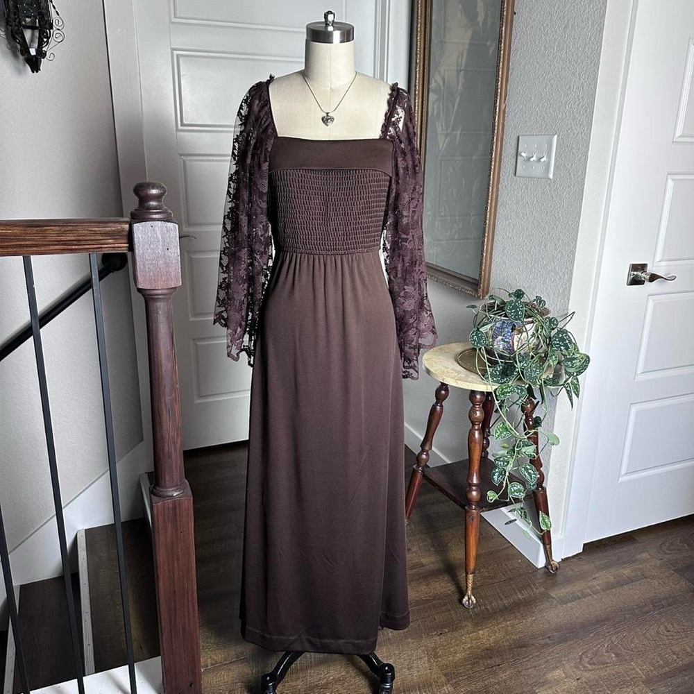 Vintage 70s prairie style handmade brown lace maxi dress flare lace long sleeves